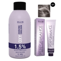 Ollin Professional Performance - Набор (Перманентная крем-краска для волос, оттенок 5/1 светлый шатен пепельный, 60 мл + Окисляющая эмульсия Oxy 1,5%, 90 мл) kapous крем эмульсия 9% hyaluronic cremoxon с гиалуроновой кислотой 1050