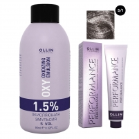 Фото Ollin Professional Performance - Набор (Перманентная крем-краска для волос, оттенок 5/1 светлый шатен пепельный, 60 мл + Окисляющая эмульсия Oxy 1,5%, 90 мл)