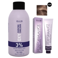 Ollin Professional Performance - Набор (Перманентная крем-краска для волос, оттенок 7/34 русый золотисто-медный, 60 мл + Окисляющая эмульсия Oxy 3%, 90 мл) фиксирующая маска уход 3 ollin x plex
