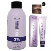 Фото Ollin Professional Performance - Набор (Перманентная крем-краска для волос, оттенок 7/34 русый золотисто-медный, 60 мл + Окисляющая эмульсия Oxy 3%, 90 мл)
