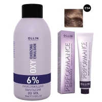 Ollin Professional Performance - Набор (Перманентная крем-краска для волос, оттенок 7/34 русый золотисто-медный, 60 мл + Окисляющая эмульсия Oxy 6%, 90 мл)