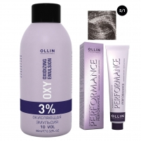 Фото Ollin Professional Performance - Набор (Перманентная крем-краска для волос, оттенок 5/1 светлый шатен пепельный, 60 мл + Окисляющая эмульсия Oxy 3%, 90 мл)