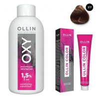 Фото Ollin Professional Ollin Color - Набор (Перманентная крем-краска для волос, оттенок 7/7 русый коричнево-махагоновый, 100 мл + Окисляющая эмульсия Oxy 1,5%, 150 мл)