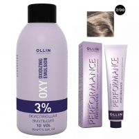 Фото Ollin Professional Performance - Набор (Перманентная крем-краска для волос, оттенок 7/00 русый глубокий, 60 мл + Окисляющая эмульсия Oxy 3%, 90 мл)