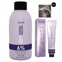 Фото Ollin Professional Performance - Набор (Перманентная крем-краска для волос, оттенок 5/1 светлый шатен пепельный, 60 мл + Окисляющая эмульсия Oxy 6%, 90 мл)