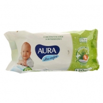 Фото Aura Ultra Comfort - Влажные салфетки для детей с экстрактом алоэ и витамином Е, без крышки, 120 шт.