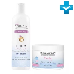 Фото Dermedic Linum Emollient Baby - Набор Интенсивный уход - Очищающий гель + Масло, 200 мл + 225 г
