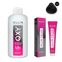 Ollin Professional Ollin Color - Набор (Перманентная крем-краска для волос, оттенок 1/0 иссиня-черный, 100 мл + Окисляющая эмульсия Oxy 1,5%, 150 мл) окисляющая эмульсия 1 5% 5vol oxidizing emulsion ollin oxy серая 397588 1000 мл