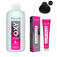 Ollin Professional Ollin Color - Набор (Перманентная крем-краска для волос, оттенок 1/0 иссиня-черный, 100 мл + Окисляющая эмульсия Oxy 3%, 150 мл) скипидарная эмульсия белая скипар 1л набор терапевтический для ванн 02