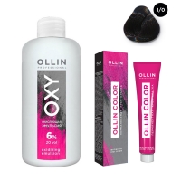 Ollin Professional Ollin Color - Набор (Перманентная крем-краска для волос, оттенок 1/0 иссиня-черный, 100 мл + Окисляющая эмульсия Oxy 6%, 150 мл)