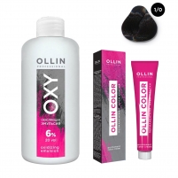 Фото Ollin Professional Ollin Color - Набор (Перманентная крем-краска для волос, оттенок 1/0 иссиня-черный, 100 мл + Окисляющая эмульсия Oxy 6%, 150 мл)