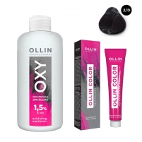 Фото Ollin Professional Ollin Color - Набор (Перманентная крем-краска для волос, оттенок 2/0 черный, 100 мл + Окисляющая эмульсия Oxy 1,5%, 150 мл)