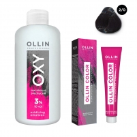 Фото Ollin Professional Ollin Color - Набор "Перманентная крем-краска для волос, оттенок 2/0 черный, 100 мл + Окисляющая эмульсия Oxy 3%, 150 мл"