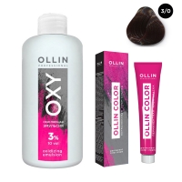 ollin professional ollin color набор перманентная крем краска для волос оттенок 3 0 темный шатен 100 мл окисляющая эмульсия oxy 3% 150 мл Ollin Professional Ollin Color - Набор 