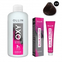 Фото Ollin Professional Ollin Color - Набор "Перманентная крем-краска для волос, оттенок 3/0 темный шатен, 100 мл + Окисляющая эмульсия Oxy 3%, 150 мл"