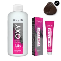 Ollin Professional Ollin Color - Набор (Перманентная крем-краска для волос, оттенок 4/1 шатен пепельный, 100 мл + Окисляющая эмульсия Oxy 1,5%, 150 мл) перманентная крем краска для волос ollin color 770273 4 3 шатен золотистый 100 мл шатен