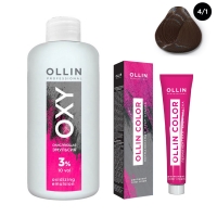 Ollin Professional Ollin Color - Набор (Перманентная крем-краска для волос, оттенок 4/1 шатен пепельный, 100 мл + Окисляющая эмульсия Oxy 3%, 150 мл) окисляющая крем эмульсия 1 5% 5vol oxidizing emulsion cream ollin silk touch 729070 90 мл