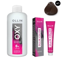 Ollin Professional Ollin Color - Набор (Перманентная крем-краска для волос, оттенок 4/1 шатен пепельный, 100 мл + Окисляющая эмульсия Oxy 6%, 150 мл) окисляющая крем эмульсия 1 5% 5vol oxidizing emulsion cream ollin silk touch 729070 90 мл
