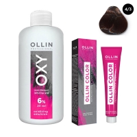 Ollin Professional Ollin Color - Набор (Перманентная крем-краска для волос, оттенок 4/3 шатен золотистый, 100 мл + Окисляющая эмульсия Oxy 6%, 150 мл) перманентная крем краска для волос ollin color 770273 4 3 шатен золотистый 100 мл шатен