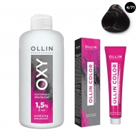 Фото Ollin Professional Ollin Color - Набор (Перманентная крем-краска для волос, оттенок 4/71 шатен коричнево-пепельный, 100 мл + Окисляющая эмульсия Oxy 1,5%, 150 мл)