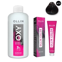Ollin Professional Ollin Color - Набор (Перманентная крем-краска для волос, оттенок 4/71 шатен коричнево-пепельный, 100 мл + Окисляющая эмульсия Oxy 3%, 150 мл) перманентная крем краска для волос ollin color 770273 4 3 шатен золотистый 100 мл шатен