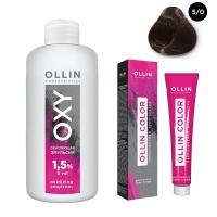Ollin Professional Ollin Color - Набор (Перманентная крем-краска для волос, оттенок 5/0 светлый шатен, 100 мл + Окисляющая эмульсия Oxy 1,5%, 150 мл) окисляющая крем эмульсия silk touch