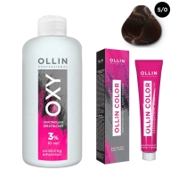Ollin Professional Ollin Color - Набор (Перманентная крем-краска для волос, оттенок 5/0 светлый шатен, 100 мл + Окисляющая эмульсия Oxy 3%, 150 мл) ollin professional performance перманентная крем краска для волос 7 1 русый пепельный 60 мл
