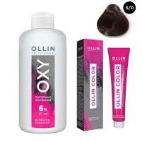 Фото Ollin Professional Ollin Color - Набор (Перманентная крем-краска для волос, оттенок 5/0 светлый шатен, 100 мл + Окисляющая эмульсия Oxy 6%, 150 мл)