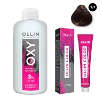 Ollin Professional Ollin Color - Набор (Перманентная крем-краска для волос, оттенок 5/1 светлый шатен пепельный, 100 мл + Окисляющая эмульсия Oxy 3%, 150 мл) kapous крем эмульсия 9% hyaluronic cremoxon с гиалуроновой кислотой 150