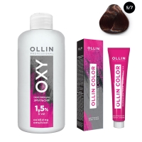 Ollin Professional Ollin Color - Набор (Перманентная крем-краска для волос, оттенок 5/7 светлый шатен коричневый, 100 мл + Окисляющая эмульсия Oxy 1,5%, 150 мл) перманентная крем краска для волос ollin color 770389 5 7 светлый шатен коричневый 100 мл шатен