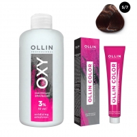 Фото Ollin Professional Ollin Color - Набор (Перманентная крем-краска для волос, оттенок 5/7 светлый шатен коричневый, 100 мл + Окисляющая эмульсия Oxy 3%, 150 мл)