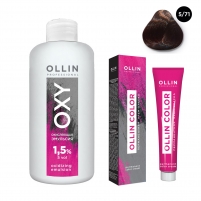 Фото Ollin Professional - Набор "Перманентная крем-краска для волос Ollin Color оттенок 5/71 светлый шатен коричнево-пепельный 100 мл + Окисляющая эмульсия Oxy 1,5% 150 мл"