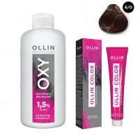 Фото Ollin Professional - Набор "Перманентная крем-краска для волос Ollin Color оттенок 6/0 темно-русый 100 мл + Окисляющая эмульсия Oxy 1,5% 150 мл"