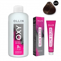 Фото Ollin Professional - Набор "Перманентная крем-краска для волос Ollin Color оттенок 6/0 темно-русый 100 мл + Окисляющая эмульсия Oxy 3% 150 мл"