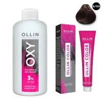 Ollin Professional - Набор "Перманентная крем-краска для волос Ollin Color оттенок 6/00 темно-русый глубокий 100 мл + Окисляющая эмульсия Oxy 3% 150 мл"