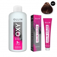 Фото Ollin Professional - Набор "Перманентная крем-краска для волос Ollin Color оттенок 6/7 темно-русый коричневый 100 мл + Окисляющая эмульсия Oxy 3% 150 мл"