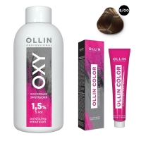 Ollin Professional Ollin Color - Набор (Перманентная крем-краска для волос, оттенок 8/00 светло-русый глубокий, 100 мл + Окисляющая эмульсия Oxy 1,5%, 150 мл) ollin professional перманентная крем краска color 6 00 темно русый глубокий 100 мл
