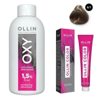 Ollin Professional Ollin Color - Набор (Перманентная крем-краска для волос, оттенок 8/1 светло-русый пепельный, 100 мл + Окисляющая эмульсия Oxy 1,5%, 150 мл) окисляющая крем эмульсия silk touch