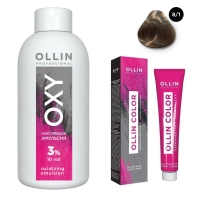 Ollin Professional Ollin Color - Набор (Перманентная крем-краска для волос, оттенок 8/1 светло-русый пепельный, 100 мл + Окисляющая эмульсия Oxy 3%, 150 мл) ollin performance oxidizing emulsion oxy 6% 20 vol окисляющая эмульсия 90 мл