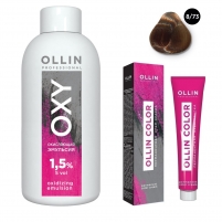 Фото Ollin Professional Ollin Color - Набор (Перманентная крем-краска для волос, оттенок 8/73 светло-русый коричнево-золотистый, 100 мл + Окисляющая эмульсия Oxy 1,5%, 150 мл)