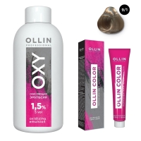 Ollin Professional Ollin Color - Набор (Перманентная крем-краска для волос, оттенок 9/1 блондин пепельный, 100 мл + Окисляющая эмульсия Oxy 1,5%, 150 мл) окисляющая крем эмульсия 1 5% 5vol oxidizing emulsion cream ollin silk touch 729070 90 мл