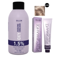 Ollin Professional Performance - Набор (Перманентная крем-краска для волос, оттенок 8/00 светло-русый глубокий, 60 мл + Окисляющая эмульсия Oxy 1,5%, 90 мл) окисляющая крем эмульсия 1 5% 5vol oxidizing emulsion cream ollin silk touch 729070 90 мл
