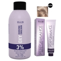 Ollin Professional Performance - Набор (Перманентная крем-краска для волос, оттенок 8/00 светло-русый глубокий, 60 мл + Окисляющая эмульсия Oxy 3%, 90 мл) barex крем термозащитный с протеинами шелка и семенем льна olioseta oro di luce heat protection cream 200 мл