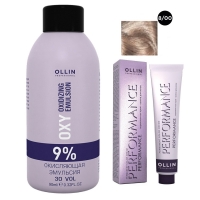 Ollin Professional Performance - Набор (Перманентная крем-краска для волос, оттенок 8/00 светло-русый глубокий, 60 мл + Окисляющая эмульсия Oxy 9%, 90 мл) уход ollin