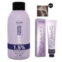 Ollin Professional Performance - Набор (Перманентная крем-краска для волос, оттенок 8/21 светло-русый фиолетово-пепельный, 60 мл + Окисляющая эмульсия Oxy 1,5%, 90 мл) фиксирующая маска уход ollin x plex 3 fixing care mask
