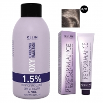 Фото Ollin Professional Performance - Набор (Перманентная крем-краска для волос, оттенок 8/21 светло-русый фиолетово-пепельный, 60 мл + Окисляющая эмульсия Oxy 1,5%, 90 мл)
