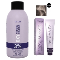 Ollin Professional Performance - Набор (Перманентная крем-краска для волос, оттенок 8/21 светло-русый фиолетово-пепельный, 60 мл + Окисляющая эмульсия Oxy 3%, 90 мл) kapous крем эмульсия 9% hyaluronic cremoxon с гиалуроновой кислотой 150
