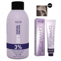 Фото Ollin Professional Performance - Набор (Перманентная крем-краска для волос, оттенок 8/21 светло-русый фиолетово-пепельный, 60 мл + Окисляющая эмульсия Oxy 3%, 90 мл)