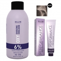 Фото Ollin Professional Performance - Набор (Перманентная крем-краска для волос, оттенок 8/21 светло-русый фиолетово-пепельный, 60 мл + Окисляющая эмульсия Oxy 6%, 90 мл)