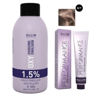Ollin Professional Performance - Набор (Перманентная крем-краска для волос, оттенок 8/7 светло-русый коричневый, 60 мл + Окисляющая эмульсия Oxy 1,5%, 90 мл) уход ollin